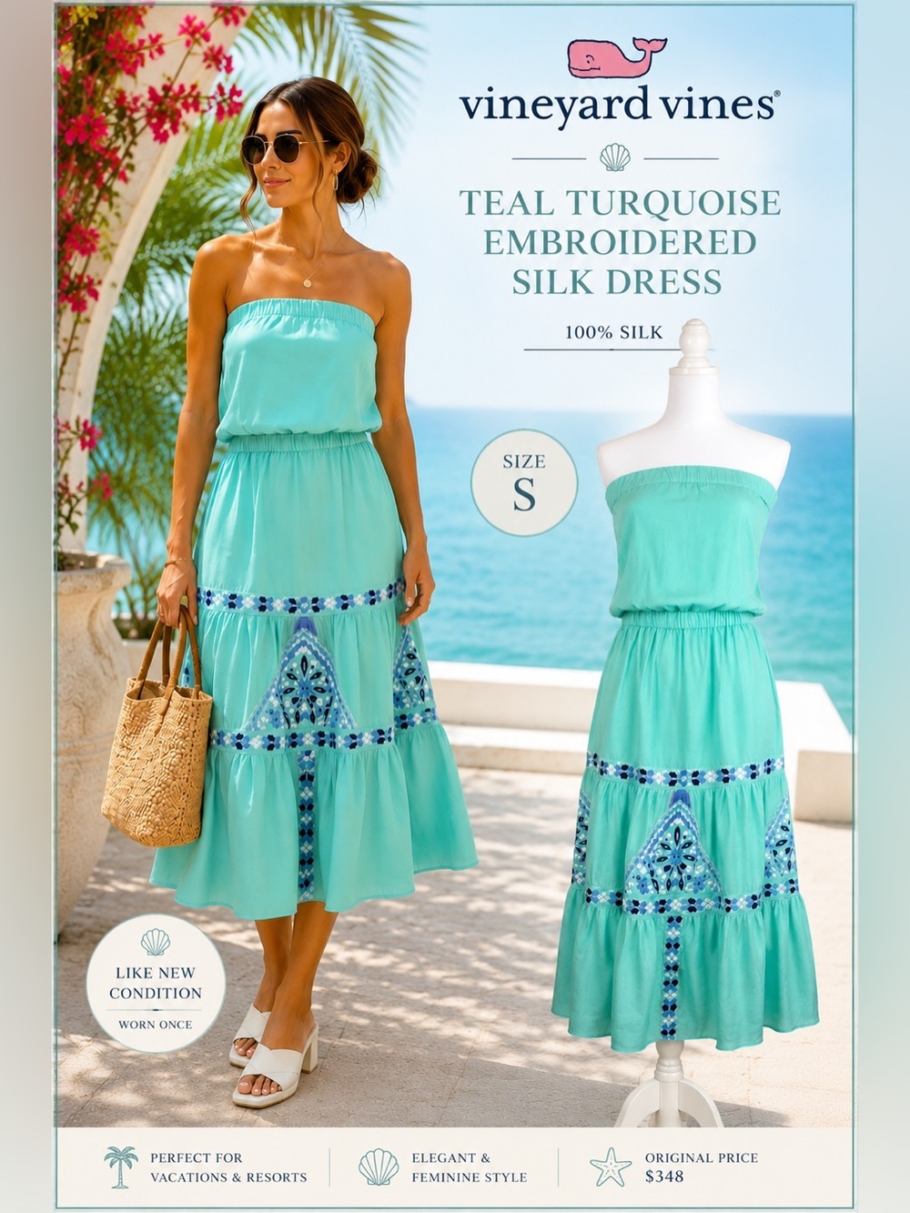 Vineyard Vines Silk Strapless Dress S Teal Turquoise Embroidered Resort Vacation